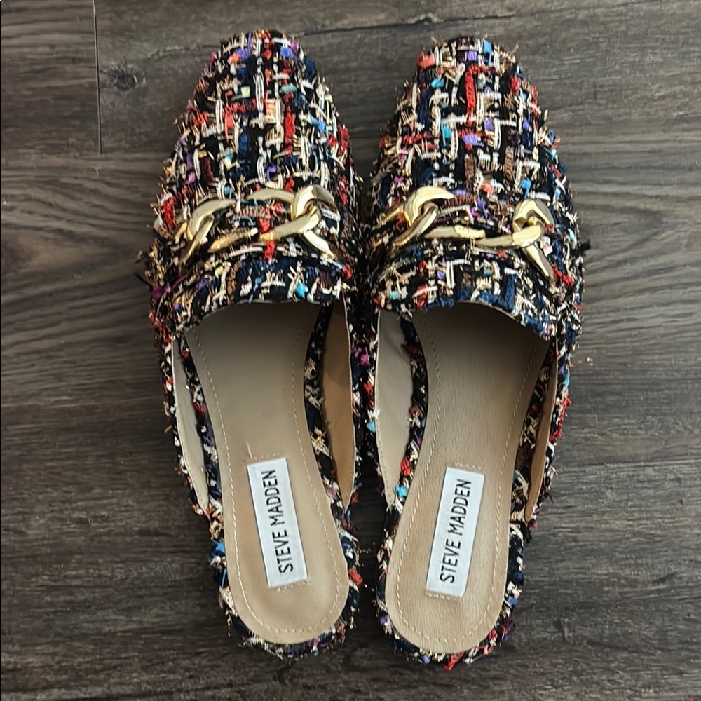 Steve Madden Multicolor Tweed mules with Gold Chain